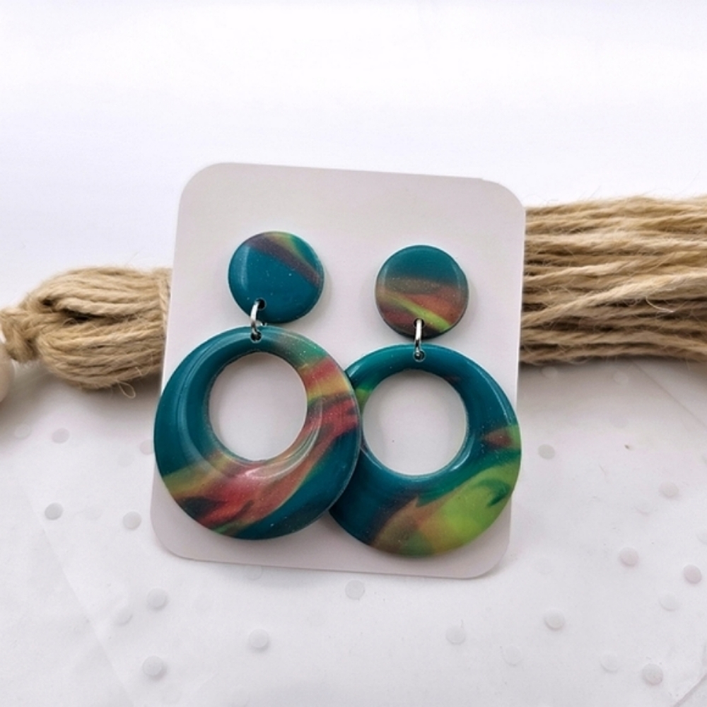 Rainbow Open Circle Colorful Handmade Polymer Clay Dangle Earrings Summer Fun